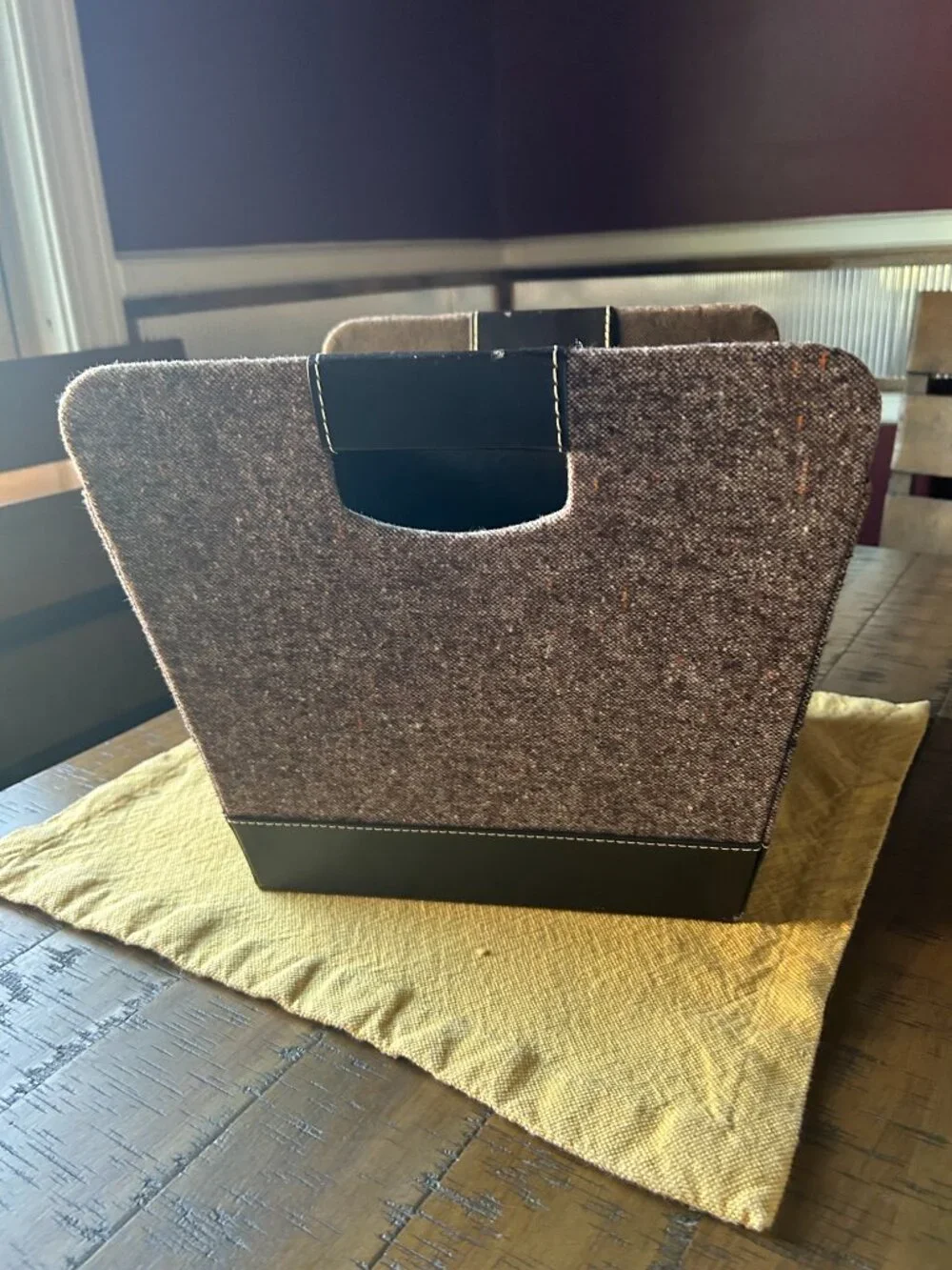 Tastefully Simple  Felt Storage basket   brown  leather   with brown and white f